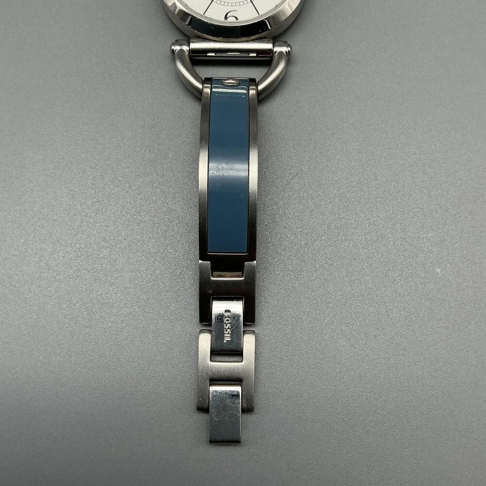 Fossil ES-2471 Womens Watch 30mm Silver Tone Blue Inlay Bangle New Battery 6.5
